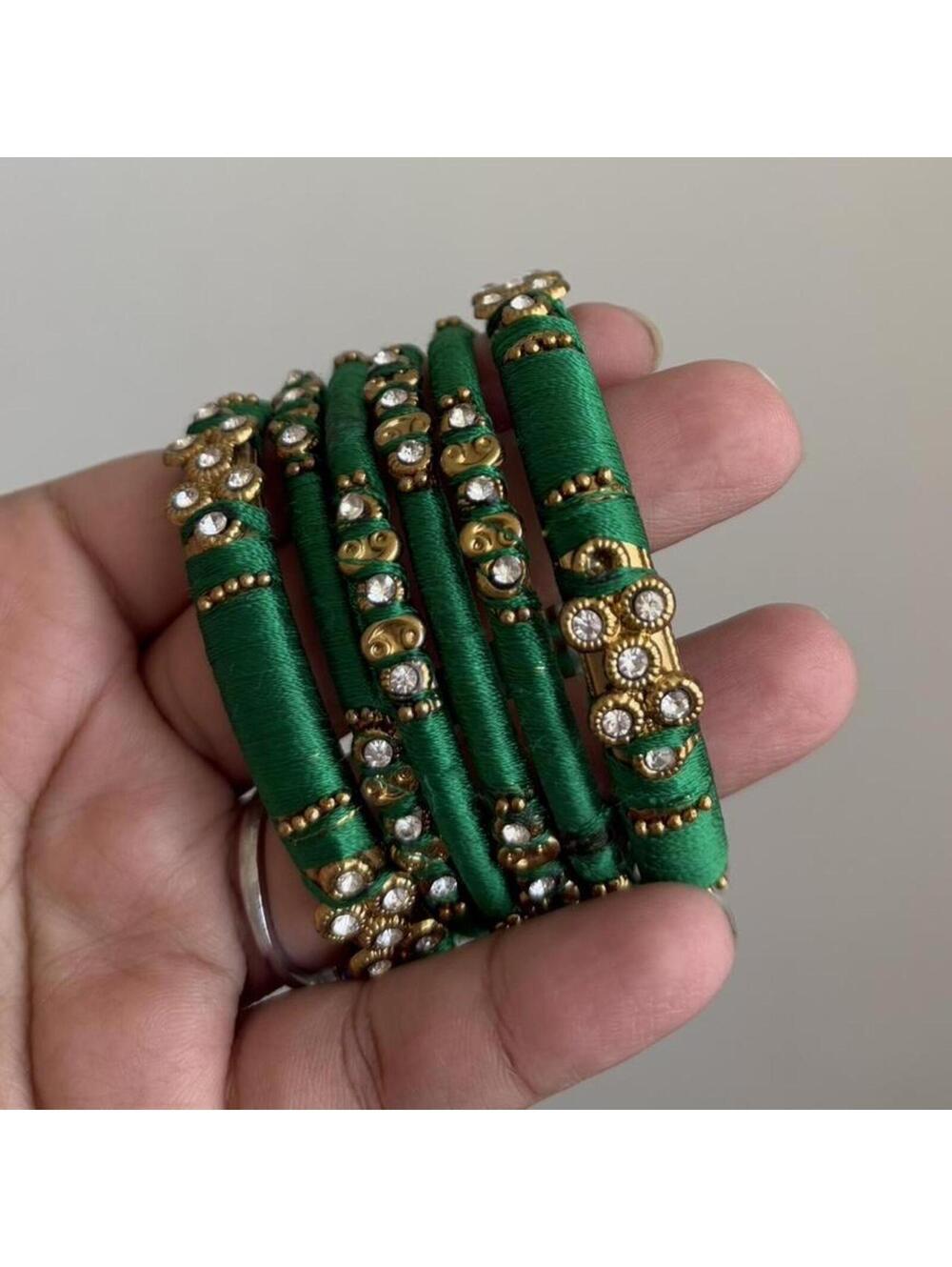 Green silk thread bangles with gold beads and rhinestones #bangles #jewelry